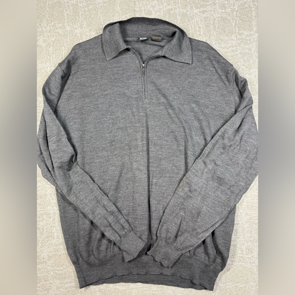 Boss Hugo Gray 100% Virgin Wool Made in Italy 1/4 Zip Sweater Men Read below